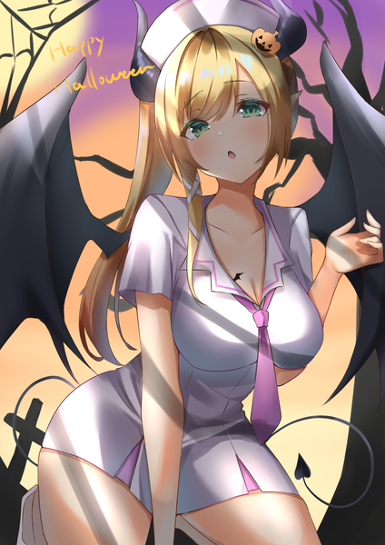Anime picture 2000x2829 with virtual youtuber hololive yuzuki choco menmen (ijnwfpaihpufxox) single long hair tall image looking at viewer highres light erotic blonde hair green eyes cleavage tail horn (horns) :o tattoo side ponytail demon girl halloween