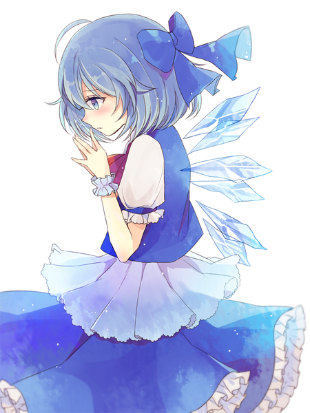 Anime picture 750x1000 with touhou cirno remokawa single tall image blush short hair blue eyes simple background white background blue hair looking away ahoge profile puffy sleeves fingers together girl bow hair bow wings