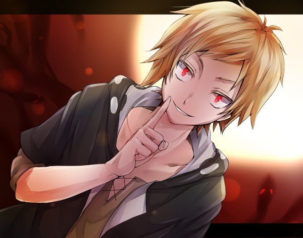 Anime picture 1268x1000 with kagerou project shaft (studio) kano shuuya tomozero single looking at viewer short hair blonde hair smile red eyes from above finger to mouth letterboxed boy hood