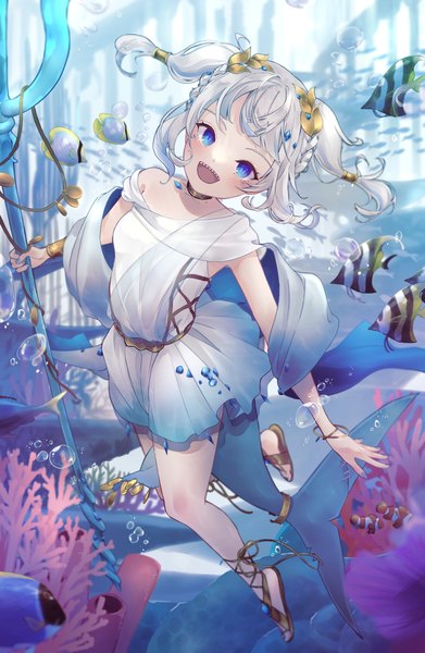 Anime picture 1050x1610 with virtual youtuber hololive hololive english gawr gura gawr gura (3rd costume) hiiroai single tall image looking at viewer short hair open mouth twintails silver hair full body :d teeth official alternate costume short twintails underwater sharp teeth