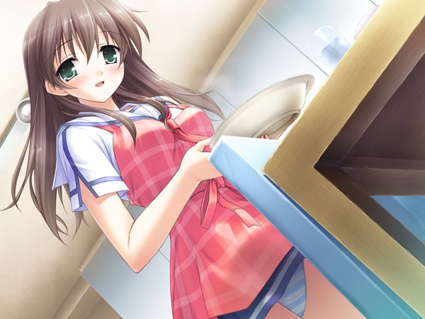 Anime picture 1600x1200 with canvas 3 valentine pink light erotic brown hair green eyes game cg pantyshot girl