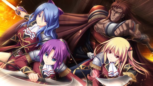 Anime picture 1280x720 with madou koukaku eushully neneka hanesu long hair blue eyes blonde hair red eyes brown hair wide image purple eyes multiple girls blue hair game cg purple hair girl dress boy bow weapon hair bow