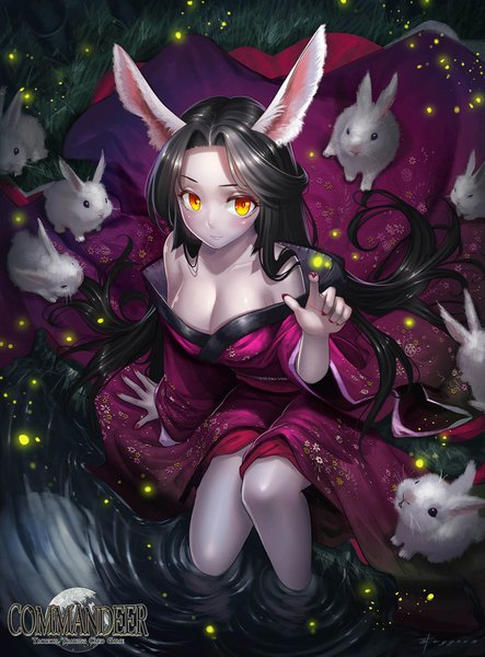 Anime picture 1240x1677 with commandeer (card game) kaguya (commandeer) stcygnus single long hair tall image looking at viewer blush breasts light erotic black hair large breasts sitting bare shoulders animal ears outdoors nail polish arm up fingernails from above