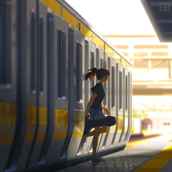 Anime picture 1500x1500 with original bysau single short hair brown hair holding looking away full body outdoors ponytail blurry watermark walking girl shoes shorts t-shirt ground vehicle sneakers denim shorts