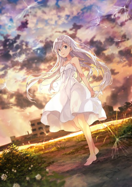 Anime picture 848x1200 with original tsukugu single long hair tall image fringe blue eyes standing bare shoulders holding looking away sky silver hair cloud (clouds) parted lips barefoot blurry tattoo dutch angle sleeveless