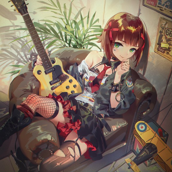 Anime-Bild 800x800 mit idolmaster amami haruka jofang single looking at viewer fringe short hair green eyes indoors blunt bangs light smile open jacket torn clothes reclining revision different thighhighs girl thighhighs ribbon (ribbons) black thighhighs