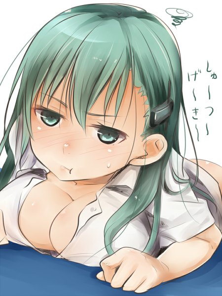 Anime picture 720x960 with kantai collection suzuya heavy cruiser akino shuu single long hair tall image blush fringe breasts light erotic large breasts cleavage ass lying aqua eyes aqua hair on stomach breast press :t pout