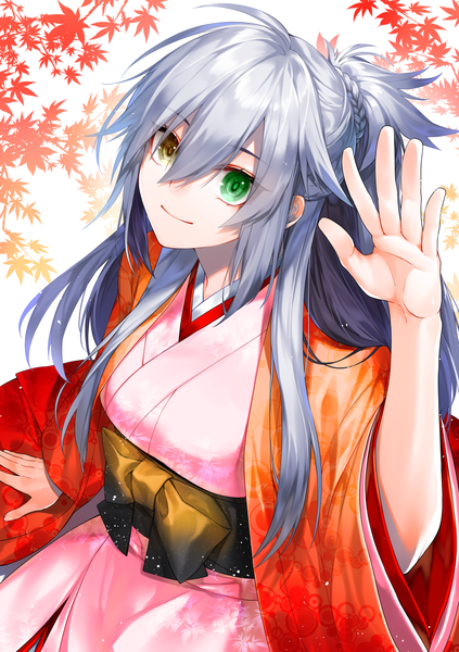 Anime picture 900x1275 with original dodome ichika waka (shark waka) single long hair tall image looking at viewer fringe breasts smile hair between eyes sitting green eyes yellow eyes payot silver hair ahoge braid (braids) traditional clothes japanese clothes