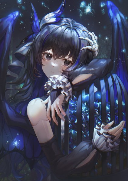 Anime picture 2890x4096 with original mirage (rairudiseu) single long hair tall image looking at viewer blush fringe highres black hair hair between eyes holding upper body black eyes sparkle puffy sleeves dark background girl hair ornament flower (flowers)