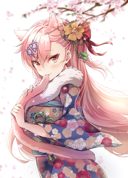 Anime picture 722x1000 with girls frontline negev (girls' frontline) melings (aot2846) single long hair tall image looking at viewer blush fringe simple background hair between eyes red eyes standing white background animal ears pink hair tail traditional clothes japanese clothes animal tail