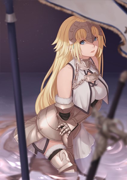 Anime picture 595x842 with fate (series) fate/grand order fate/apocrypha type-moon jeanne d'arc (fate) (all) jeanne d'arc (fate) whitem (whiteemperor2020) single long hair tall image looking at viewer blue eyes blonde hair girl dress gloves weapon sword elbow gloves armor