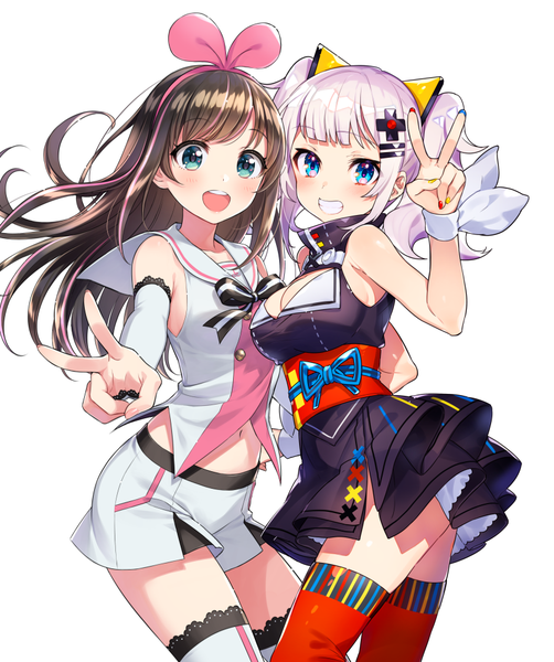 イラスト 837x1000 と バーチャルyoutuber a.i. channel the moon studio キズナアイ 輝夜月 森倉円 ミカ ピカゾ 長髪 長身像 カメラ目線 赤面 前髪 開いた口 青い目 simple background 笑顔 茶色の髪 白背景 ツインテール 肩出し