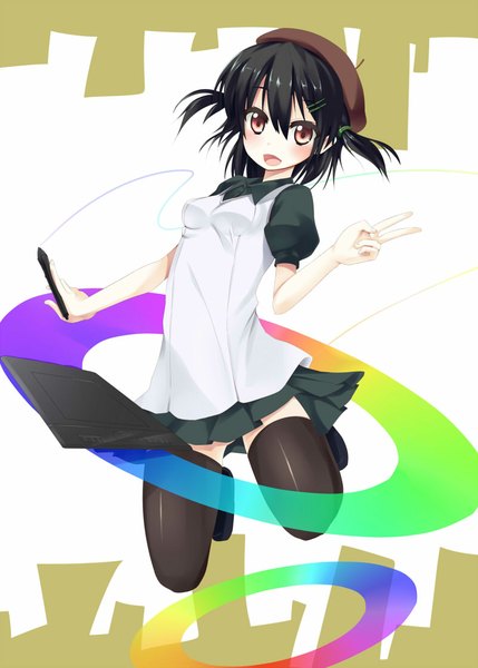 Anime picture 800x1118 with original east01 06 single tall image looking at viewer blush short hair open mouth black hair red eyes girl thighhighs skirt black thighhighs miniskirt beret