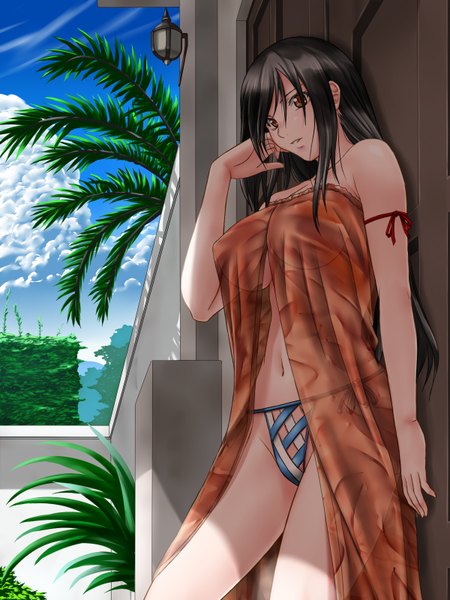 Anime picture 1200x1600 with final fantasy square enix tifa lockhart suuitchi (artist) single long hair tall image breasts light erotic black hair brown eyes sky cloud (clouds) nipples girl navel swimsuit plant (plants) bikini tree (trees)