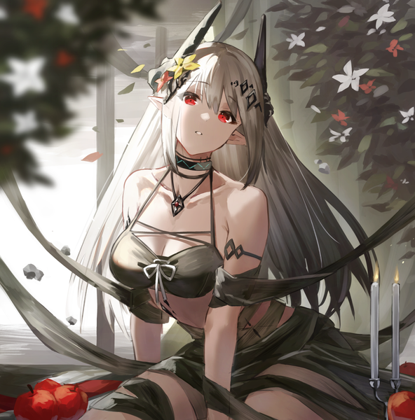 Anime picture 1184x1200 with arknights mudrock (arknights) mudrock (silent night) (arknights) milluun single long hair tall image looking at viewer fringe breasts light erotic hair between eyes red eyes silver hair horn (horns) pointy ears official alternate costume oripathy lesion (arknights) girl swimsuit