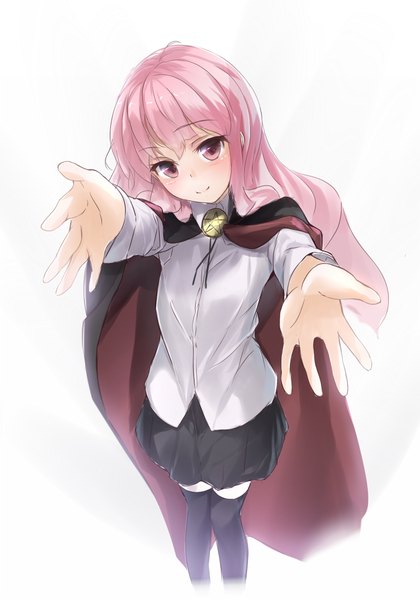 Anime picture 700x1000 with zero no tsukaima j.c. staff louise francoise le blanc de la valliere wingheart long hair tall image looking at viewer blush simple background smile white background pink hair pink eyes loli girl thighhighs skirt black thighhighs shirt