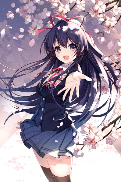 Anime picture 1000x1509 with date a live yatogami tooka bison cangshu single long hair tall image looking at viewer blush fringe breasts open mouth black hair hair between eyes standing purple eyes ponytail :d pleated skirt wind zettai ryouiki