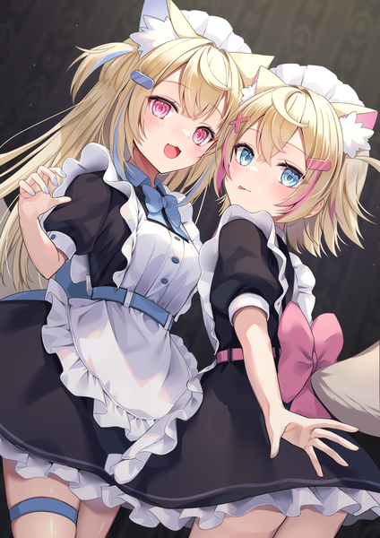 Anime-Bild 2894x4093 mit virtual youtuber hololive hololive english mococo abyssgard fuwawa abyssgard fuyoyo long hair tall image looking at viewer fringe highres short hair blue eyes simple background blonde hair hair between eyes multiple girls animal ears tail animal tail