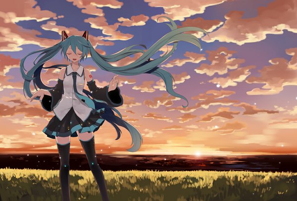 Anime picture 1036x700 with vocaloid hatsune miku harano open mouth twintails sky cloud (clouds) eyes closed very long hair aqua hair evening sunset girl thighhighs skirt black thighhighs detached sleeves miniskirt necktie vest