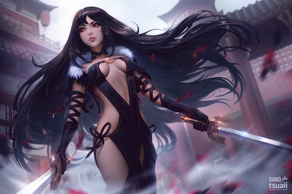 Anime picture 1300x867 with fate (series) fate/grand order yu mei-ren (fate) raikoart tsuaii single long hair blush fringe breasts light erotic black hair red eyes standing holding payot looking away outdoors wind lips