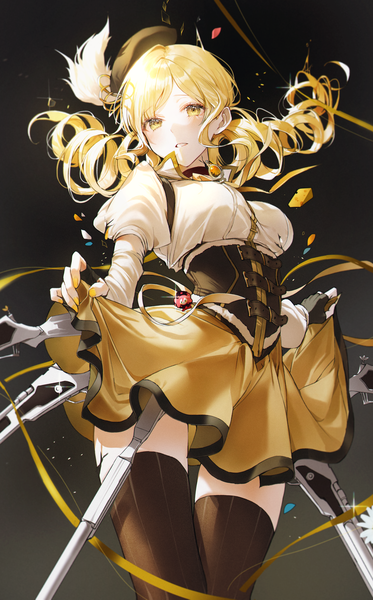 Anime picture 1500x2411 with mahou shoujo madoka magica shaft (studio) tomoe mami 2sham single long hair tall image looking at viewer blush fringe breasts simple background blonde hair large breasts standing holding yellow eyes long sleeves nail polish fingernails