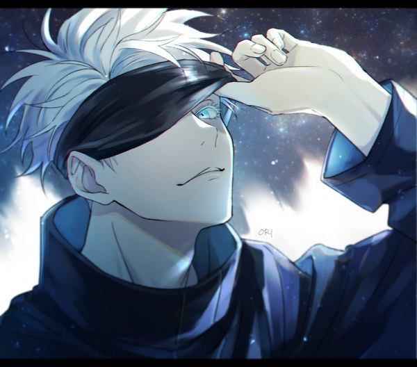 Anime picture 1200x1056 with jujutsu kaisen mappa gojou satoru orii (orii i) single looking at viewer short hair blue eyes signed upper body white hair parted lips letterboxed blindfold boy