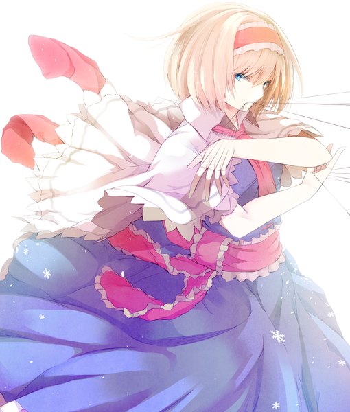 Anime picture 1700x2000 with touhou alice margatroid mikoma sanagi single tall image looking at viewer short hair blue eyes simple background blonde hair white background holding mouth hold backlighting girl dress hairband mantle thread sash