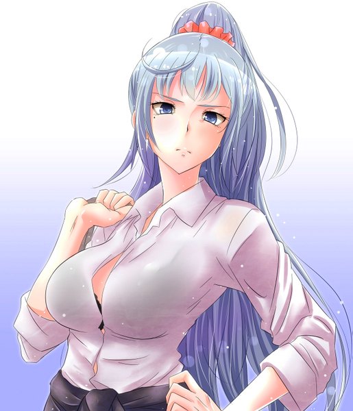 Anime picture 1287x1500 with yahari ore no seishun love comedy wa machigatteiru. brains base (studio) kawasaki saki watarui single long hair tall image looking at viewer breasts blue eyes light erotic simple background large breasts silver hair upper body ponytail mole hand on hip mole under eye gradient background