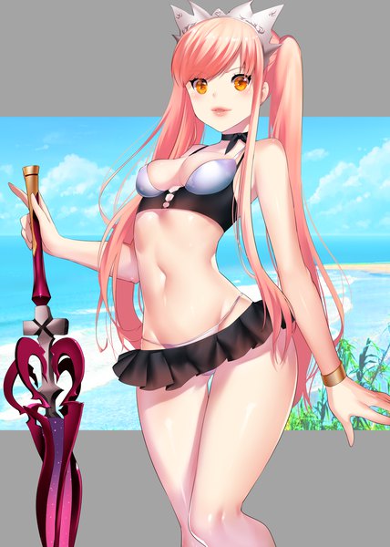 Anime picture 1428x2000 with fate (series) fate/grand order medb (fate) medb (swimsuit saber) (fate) rahato single long hair tall image looking at viewer blush fringe breasts open mouth light erotic standing twintails bare shoulders holding yellow eyes pink hair