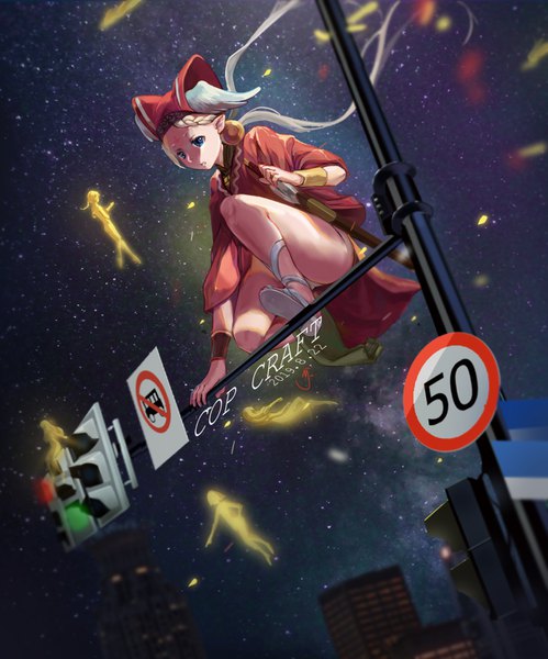 Anime picture 1222x1470 with cop craft: dragnet mirage reloaded tilarna exedilika mjlkids long hair tall image blue eyes light erotic blonde hair sitting twintails holding full body bent knee (knees) braid (braids) wind pointy ears night from below pantyshot night sky