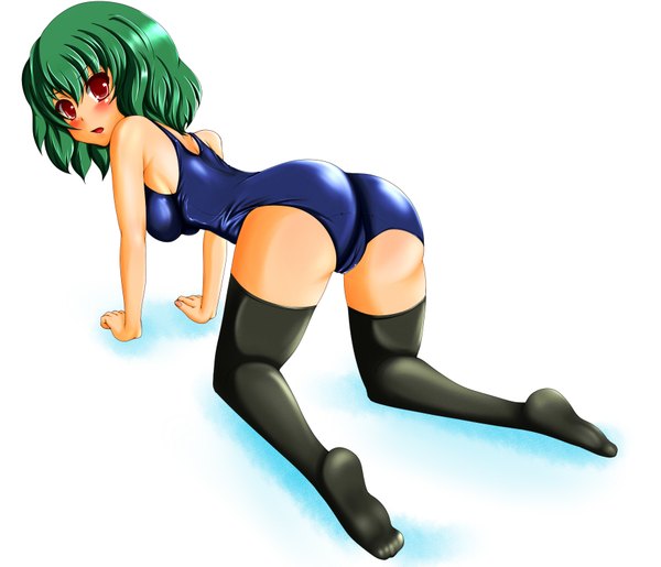 Anime picture 1746x1500 with touhou kazami yuuka daisha hiroshi (artist) single blush highres short hair light erotic simple background red eyes white background ass looking back green hair from behind on all fours girl thighhighs black thighhighs swimsuit