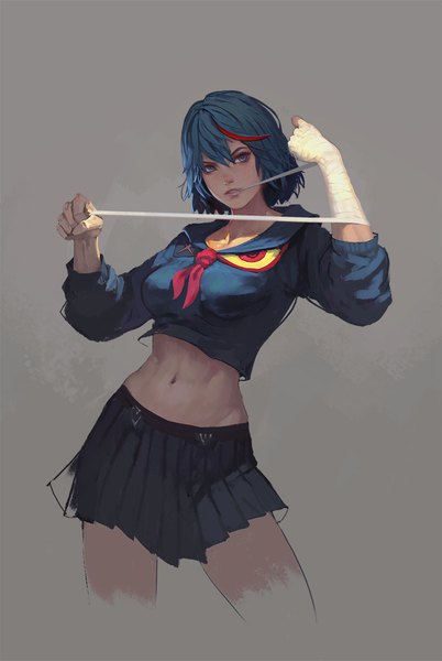 Anime picture 800x1193 with kill la kill studio trigger matoi ryuuko rui li single tall image fringe short hair blue eyes simple background hair between eyes holding blue hair pleated skirt multicolored hair grey background two-tone hair midriff streaked hair mouth hold