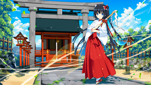 Anime picture 3840x2160 with kirino kasumu single long hair looking at viewer highres blue eyes wide image blue hair absurdres cloud (clouds) traditional clothes miko girl bow hair bow leaf (leaves) torii gohei