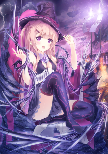 Anime picture 1235x1750 with original alc (ex2 lv) single long hair tall image looking at viewer open mouth blonde hair sitting purple eyes cloud (clouds) no shoes lolita fashion goth-loli lightning girl thighhighs dress hat building (buildings)