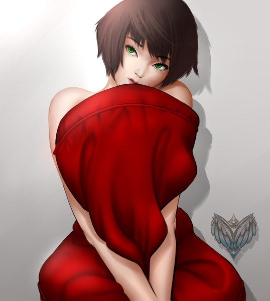 Anime picture 2226x2484 with forgotten-wings single tall image fringe highres short hair simple background brown hair green eyes lips grey background sleeveless eyebrows girl pillow