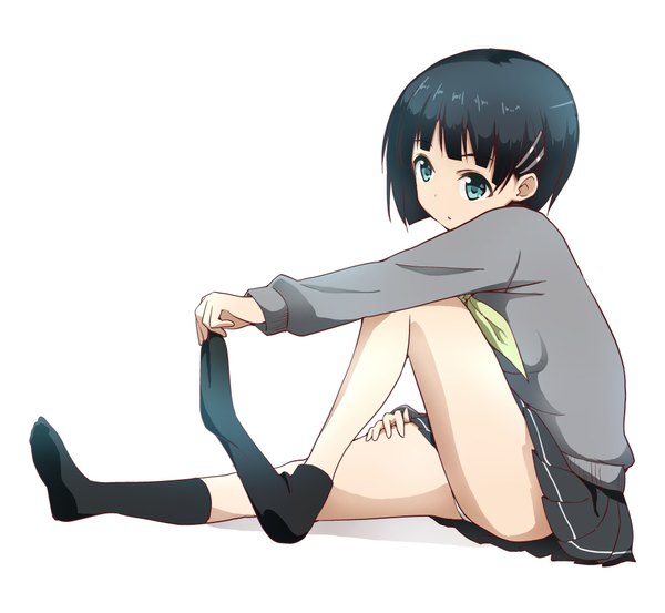 Anime picture 1984x1830 with sword art online a-1 pictures kirigaya suguha borupikka single fringe highres short hair light erotic black hair white background sitting looking away pleated skirt aqua eyes pantyshot girl skirt uniform hair ornament