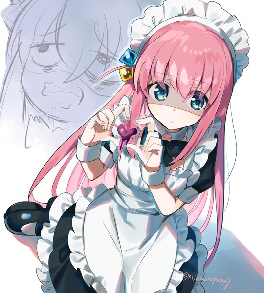 Anime picture 1100x1222 with bocchi the rock! cloverworks gotou hitori miyukiyo single long hair tall image fringe blue eyes hair between eyes sitting signed pink hair from above maid twitter username one side up wariza shaded face heart hands
