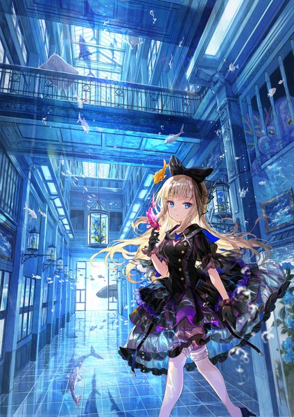 Anime picture 4093x5787 with original fuzichoco single long hair tall image looking at viewer fringe highres blue eyes blonde hair standing absurdres high heels underwater girl thighhighs dress gloves flower (flowers) bow