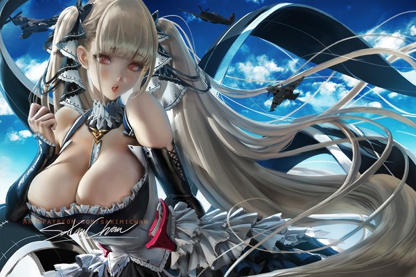 Anime picture 1000x667 with azur lane formidable (azur lane) sakimichan single long hair looking at viewer blush fringe breasts open mouth light erotic red eyes large breasts standing twintails bare shoulders signed payot sky cleavage