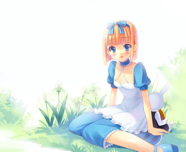 Anime picture 1457x1191 with alice in wonderland alice (wonderland) xiangtu single looking at viewer blush short hair open mouth blue eyes blonde hair girl dress flower (flowers) bow plant (plants) hair bow animal grass bunny