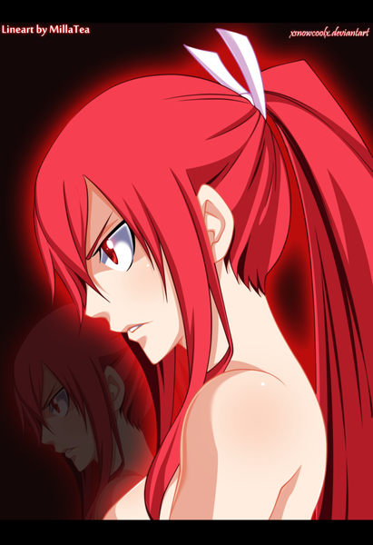 Anime picture 900x1313 with fairy tail erza scarlet xsnowcoolx single long hair tall image red eyes bare shoulders ponytail red hair profile coloring zoom layer girl ribbon (ribbons) hair ribbon