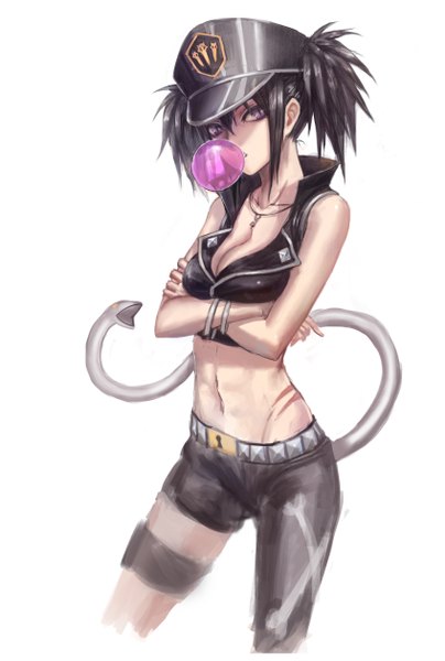 Anime picture 1693x2512 with blood lad brains base (studio) beros (blood lad) infukun single tall image looking at viewer short hair breasts black hair simple background white background purple eyes twintails bare shoulders cleavage tail bare belly midriff short twintails