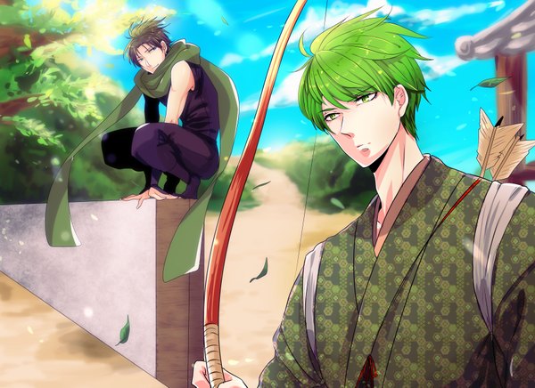 Anime picture 3509x2550 with kuroko no basket production i.g midorima shintarou takao kazunari hkm (hsk10) fringe highres short hair smile green eyes looking away absurdres bent knee (knees) traditional clothes japanese clothes green hair multiple boys alternate costume squat boy