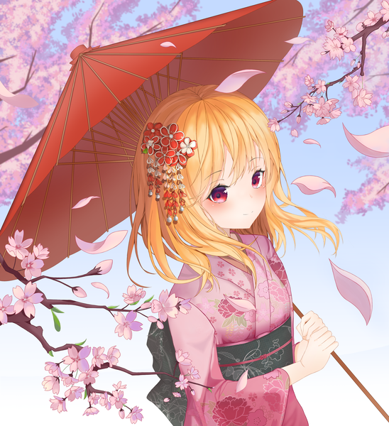 Anime picture 3615x3954 with original pla0658 single long hair tall image looking at viewer blush fringe highres blonde hair smile red eyes standing holding absurdres outdoors traditional clothes japanese clothes hair flower wind