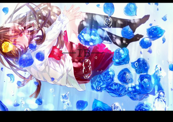 Anime picture 1823x1288 with ib (game) ib (ib) single long hair looking at viewer highres red eyes brown hair inscription underwater girl skirt flower (flowers) rose (roses) bubble (bubbles) blue rose
