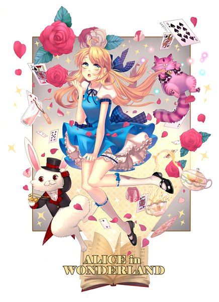 Anime picture 800x1099 with alice in wonderland alice (alice in wonderland) namyo long hair tall image looking at viewer blush open mouth blonde hair green eyes girl dress flower (flowers) bow animal petals socks frills white socks cat