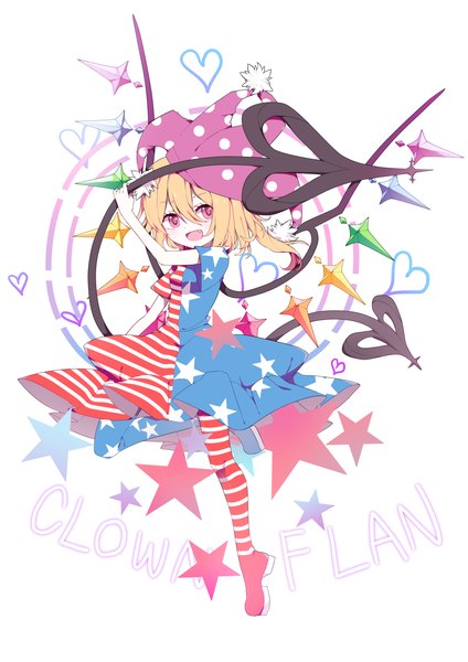 Anime picture 2258x3193 with touhou flandre scarlet clownpiece gla single tall image looking at viewer fringe highres short hair open mouth simple background blonde hair smile hair between eyes red eyes standing full body bent knee (knees) short sleeves