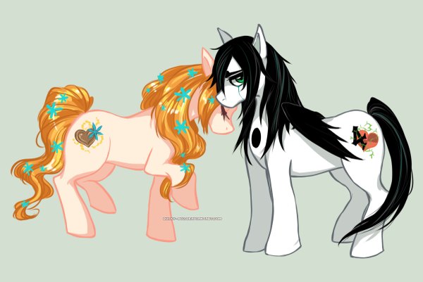 Anime picture 1200x803 with bleach my little pony studio pierrot inoue orihime ulquiorra schiffer rusky long hair black hair simple background green eyes signed eyes closed orange hair grey background couple parody espada animalization girl boy