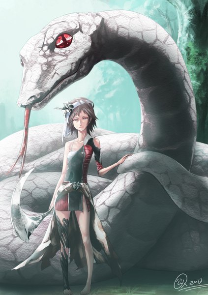 Anime picture 1062x1505 with original hamu no jin tall image looking at viewer short hair brown hair standing brown eyes signed barefoot long tongue giant animal girl dress weapon animal sword hairband snake white snake