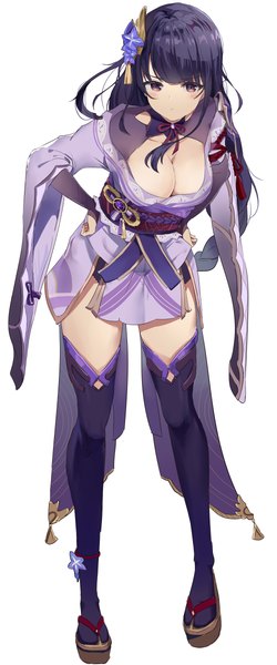 Anime picture 2000x4795 with genshin impact raiden shogun jsscj single long hair tall image highres breasts light erotic simple background large breasts white background purple eyes cleavage purple hair full body braid (braids) leaning leaning forward single braid